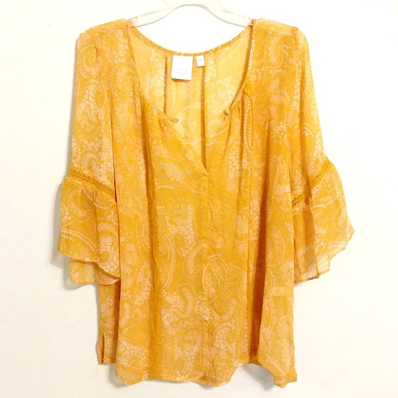 LC Lauren Conrad Tops - {Lauren Conrad} Mustard Yellow Sheer Blouse Top